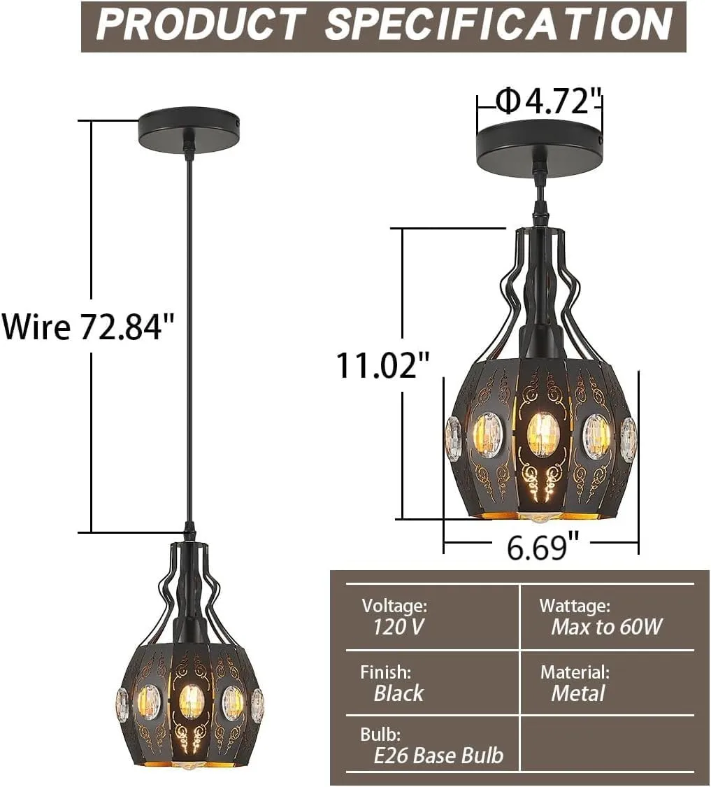 YLONG-ZS Black Pendant Lights Bedroom Restaurant 2 PK, Farmhouse Kitchen Island Pendant Ceiling Light with 6.07 Ft Longth Wire, Hanging Pendant Lighting for Bedroom Dining Room Living Room Entryway