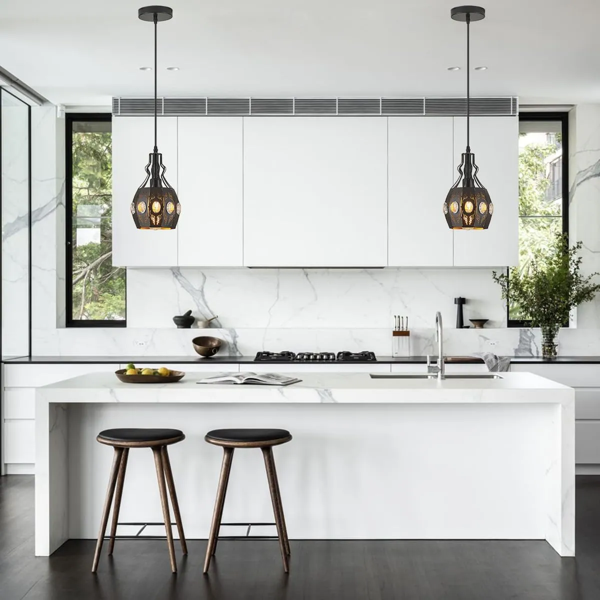 YLONG-ZS Black Pendant Lights Bedroom Restaurant 2 PK, Farmhouse Kitchen Island Pendant Ceiling Light with 6.07 Ft Longth Wire, Hanging Pendant Lighting for Bedroom Dining Room Living Room Entryway