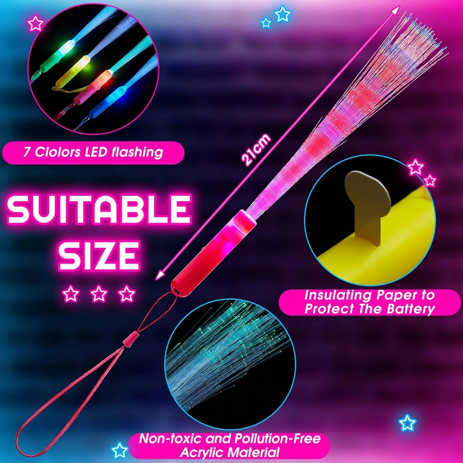 Zhanmai 24 Pieces Upgraded Glow Fiber Wands Sticks LED Light Fiber Optic Wands LED Flashing Glow Sticks Bulk for 4th of July Wedding Party Favors